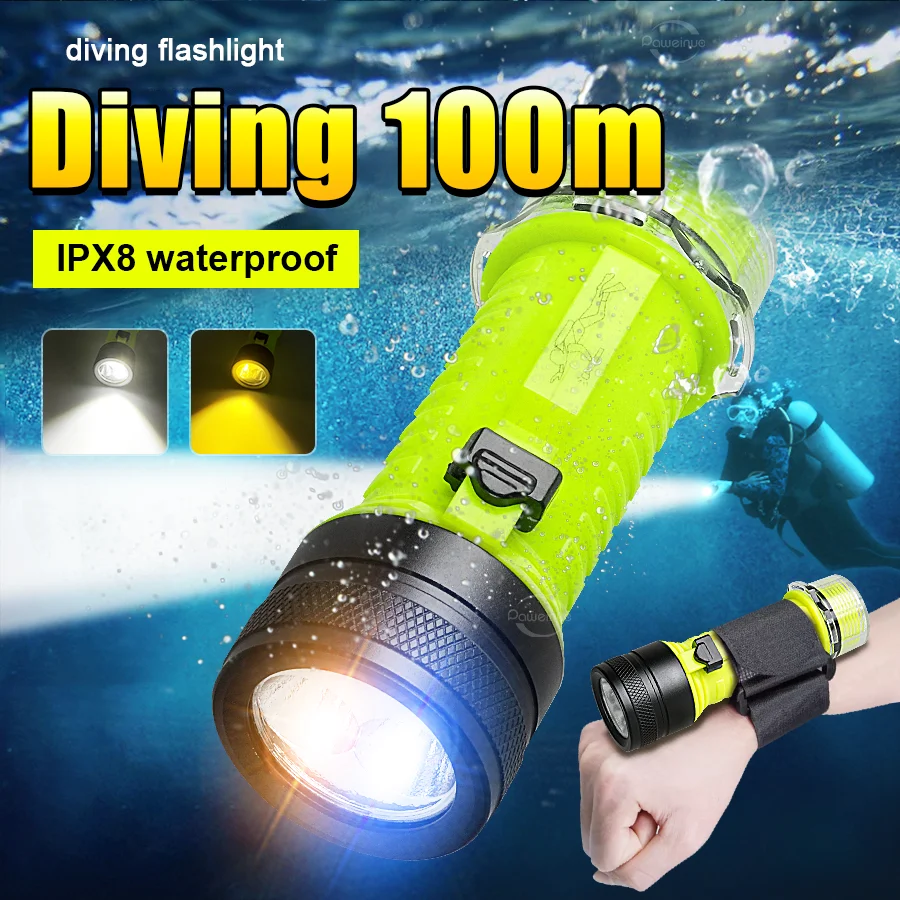 

100000LM Супер яркий фонарик для дайвинга 2 * XHP50 Высокая мощность Профессиональный фонарь для дайвинга 100 м Тип C Перезаряжаемые водонепроницаемые фонари