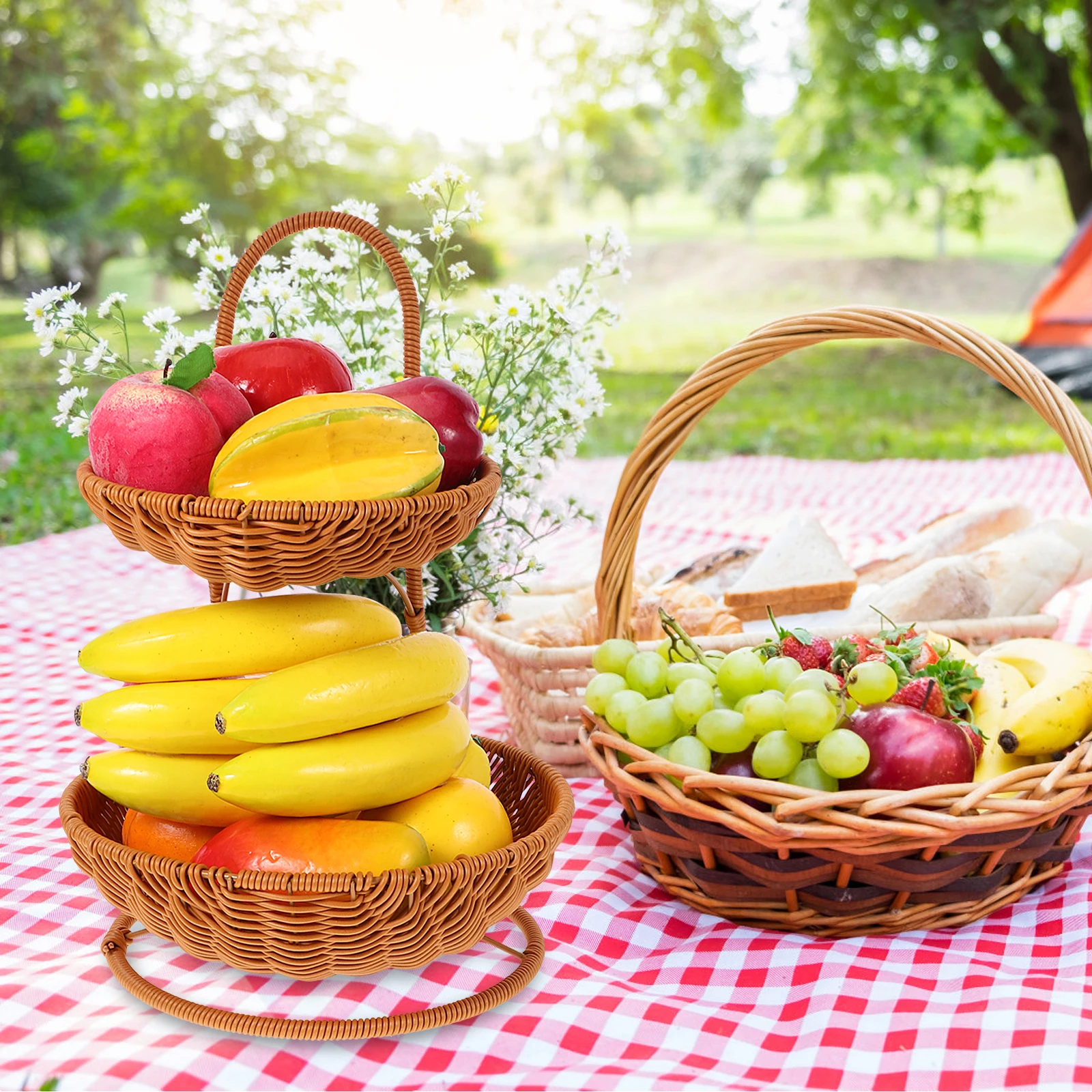 

Imitation Rattan Fruit Basket 2 Layers Plastic Woven Storage Baskets Home Kitchen Snacks Tray Fruit Serving Basket Storage