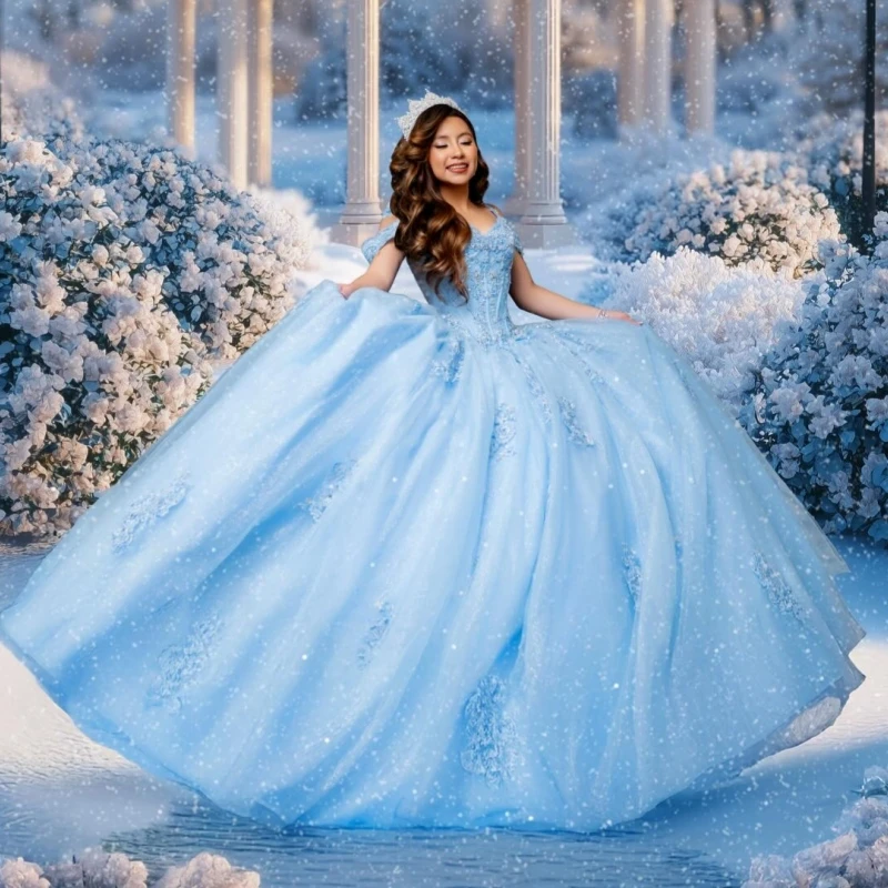 

Light Blue Shiny Ball Gown Quinceanera Dresses Applique Lace Beading Crystal Tull Corset Off Shoulder Sweet 16 Dress Vestidos 15