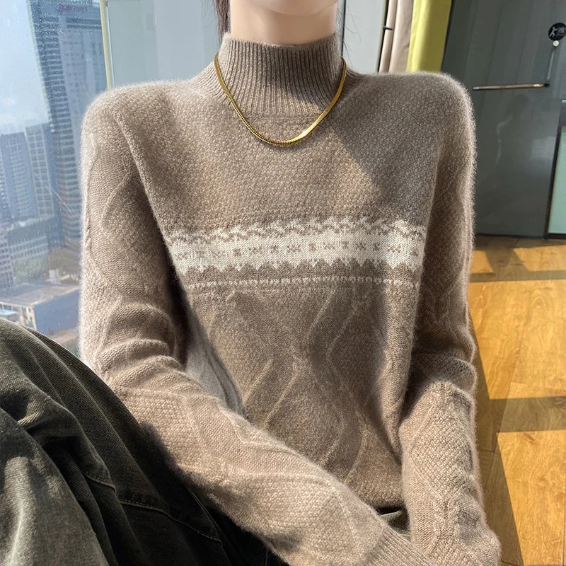 Fall/winter sweater women's half-high-necked long-sleeved 100% merino wool pullover casual color matching cashmere sweater