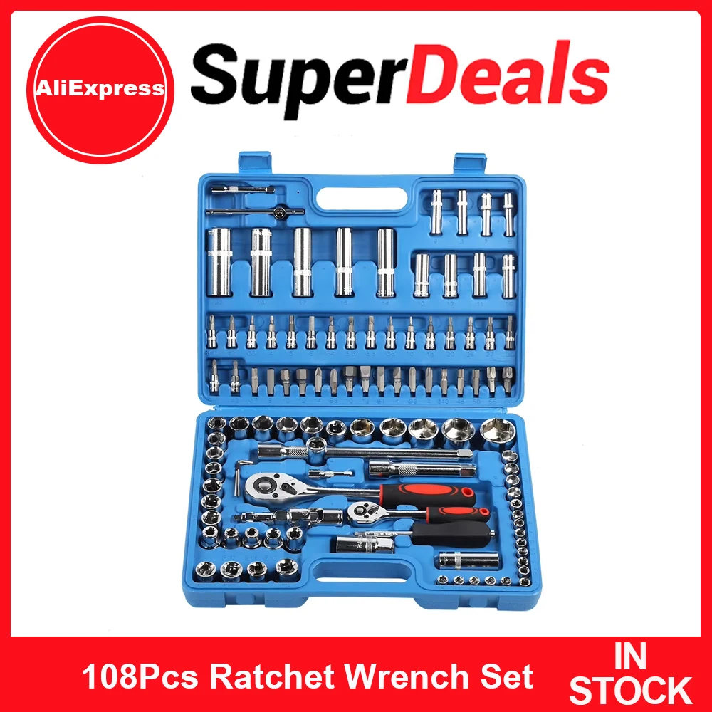 

108Pcs Ratchet Wrench Set 1/4in 1/2in CR40 Steel Socket Set Tool Case Box Hand Tool Kits