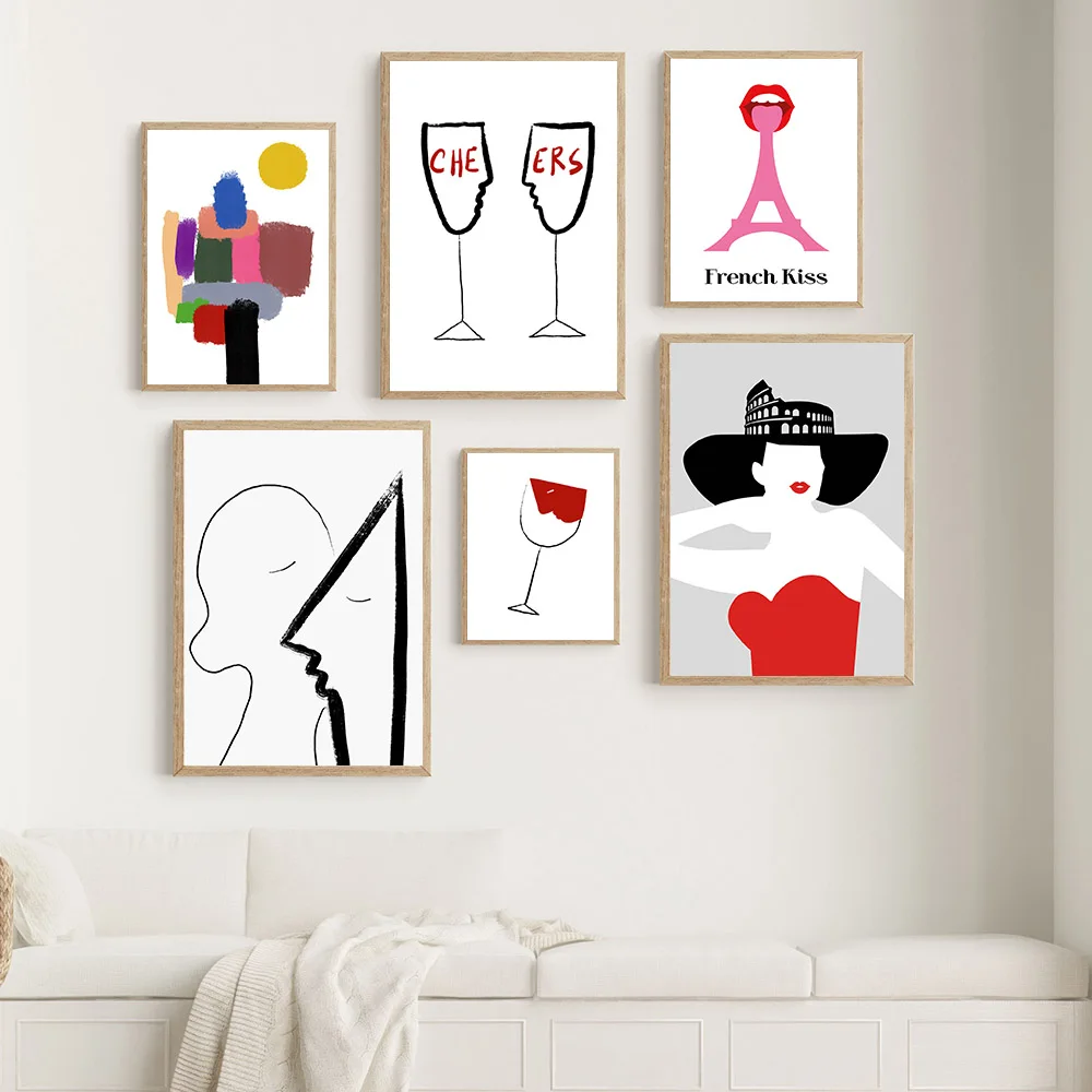 Fashion Girl Room Decoration Poster Kiss Line Cheer Wine Cup French Face Print Art Painting Wall Print Picture For Beauty Shop