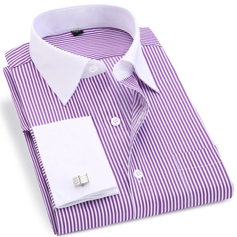 Men\'s Classic French Cuffs Striped Dress Shirt Single Patch Pocket Standard-fit Long Sleeve Wedding Shirts (Cufflink Included)