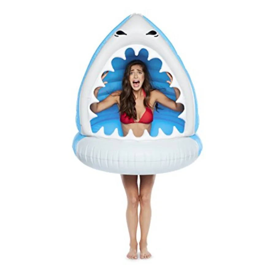 Pool Party Inflatable Shark Float, Vinyl Material, Blue And White, Extra-Large Comfortable Lounge Raft For Adults