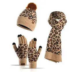 Conjunto de gorro cálido con estampado de leopardo para mujer, conjunto de guantes, bufanda gruesa, bufandas