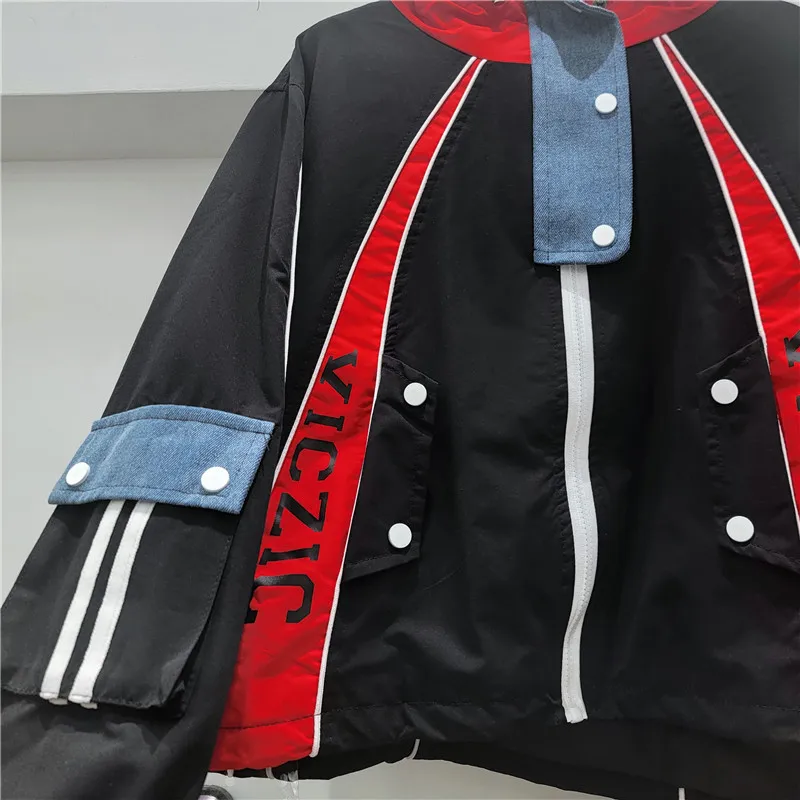ANJY Spring Autumn New Women American Style Color Blocked Hooded Jacket Letter Print Patchwork Denim Ins Loose Short Coat A25898