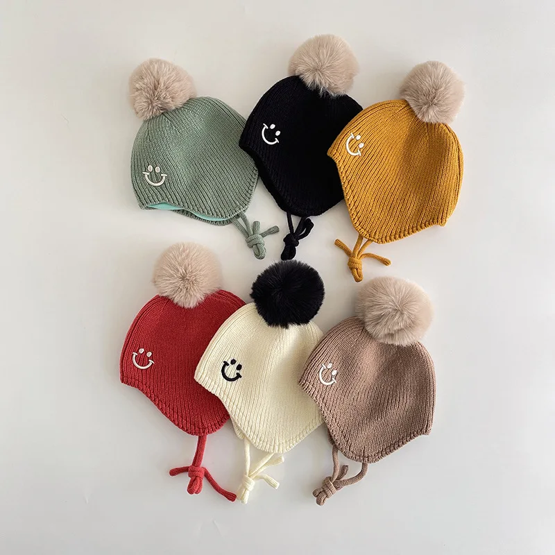 Boné bonito do gorro de pompom do bebê menino e menina, chapéus dos desenhos animados das crianças, boné de malha quente, outono, inverno