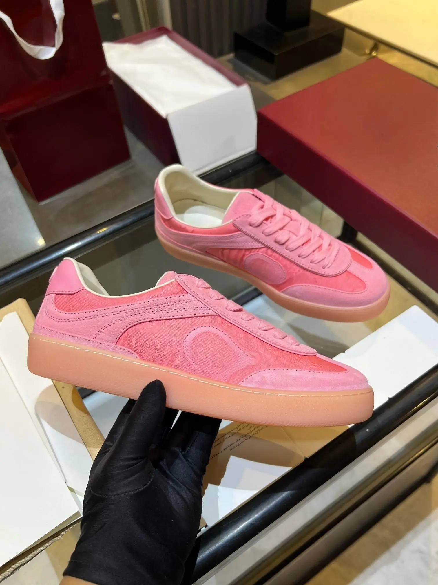 Unisex Pink Retro German Trainer Sneakers, Suede & Fabric Mixed Upper Lace Up Low Top Flat Gum Sole Casual Walking Shoes
