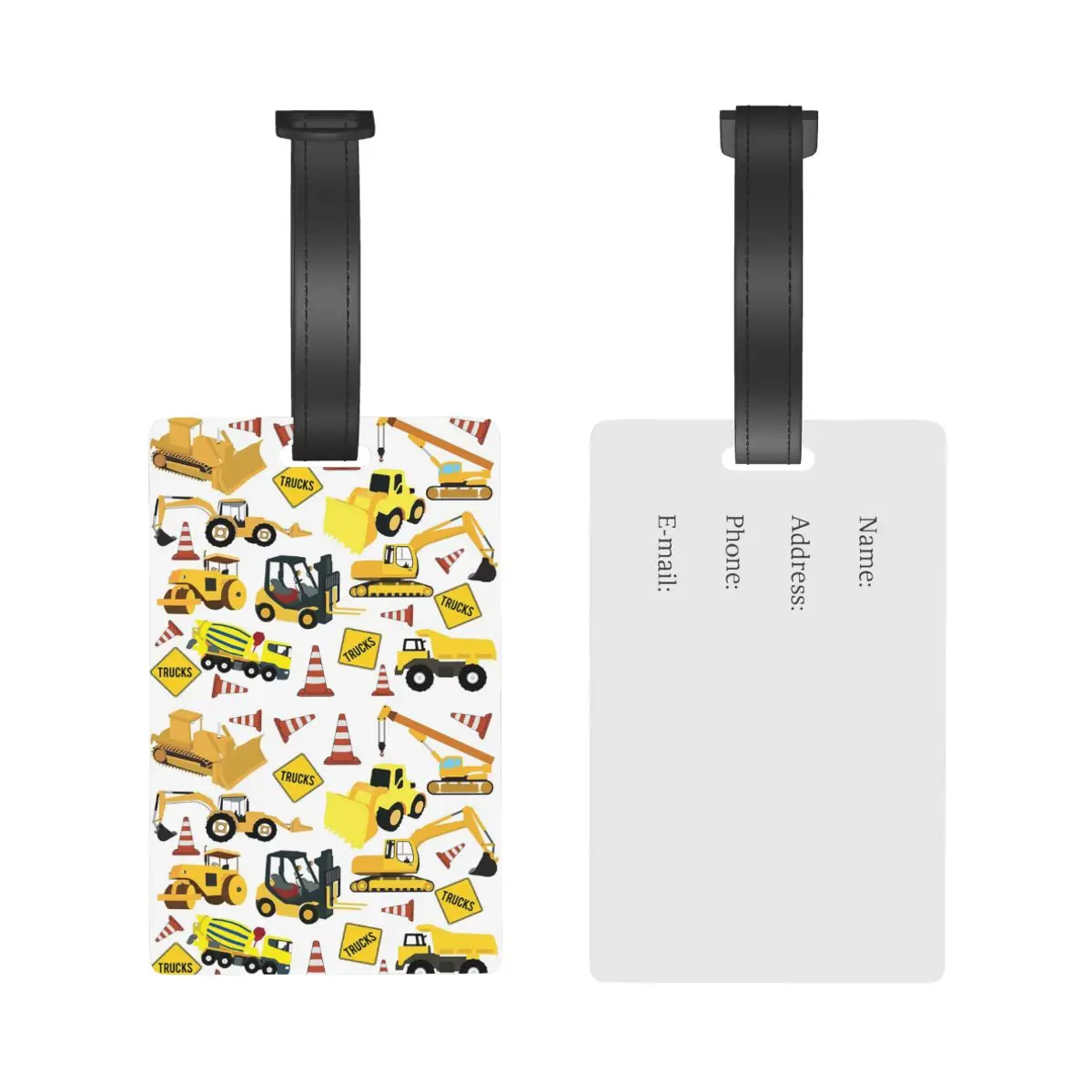 Construction Trucks Pattern Excavator, Backhoe And More Luggage Tags Suitcase Baggage Boarding Tag Label Holder ID Name Address