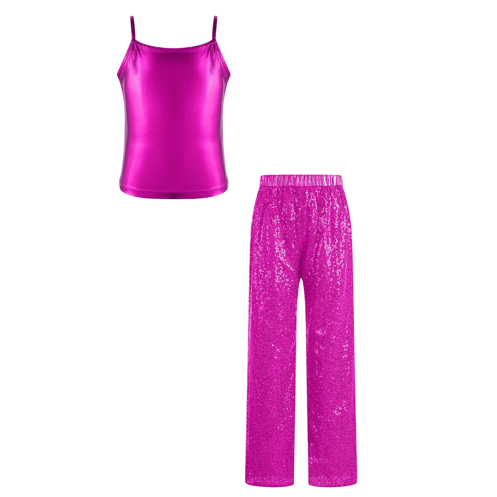 

Child Girls Jazz Dance Costume Spaghetti Shoulder Straps Metallic Camisole Top with Sparkling Sequin Pants Hip Hop Clubwear