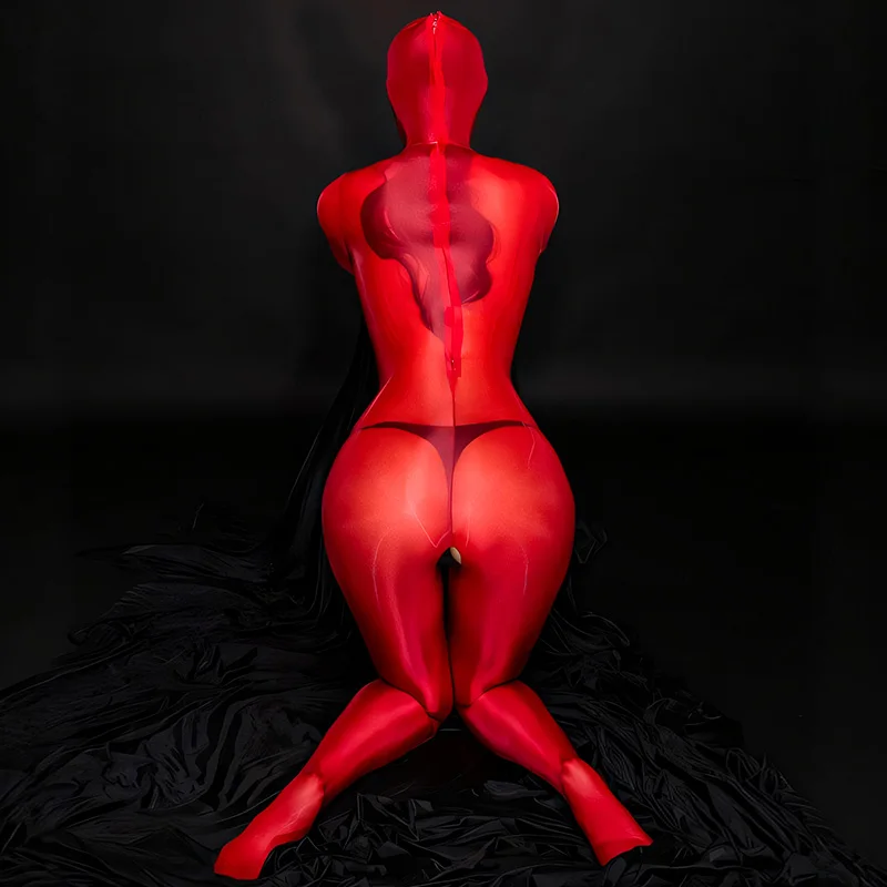 Sexy Oil Shiny Full Body Zentai Bodysuits Women See Through Open Crotch Jumpsuits Erotic Leotard Elastic Tights Cocoons Catsuits