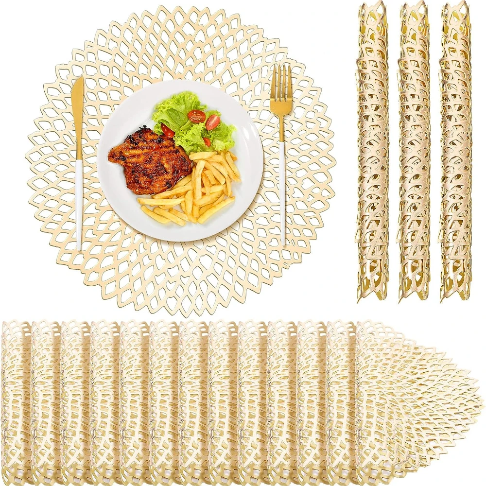 Hollow Out Placemats Non-Slip Heat Insulation Vinyl Hibiscus Flower Table Mats Durable PVC Place Mat for Wedding Christmas Decor