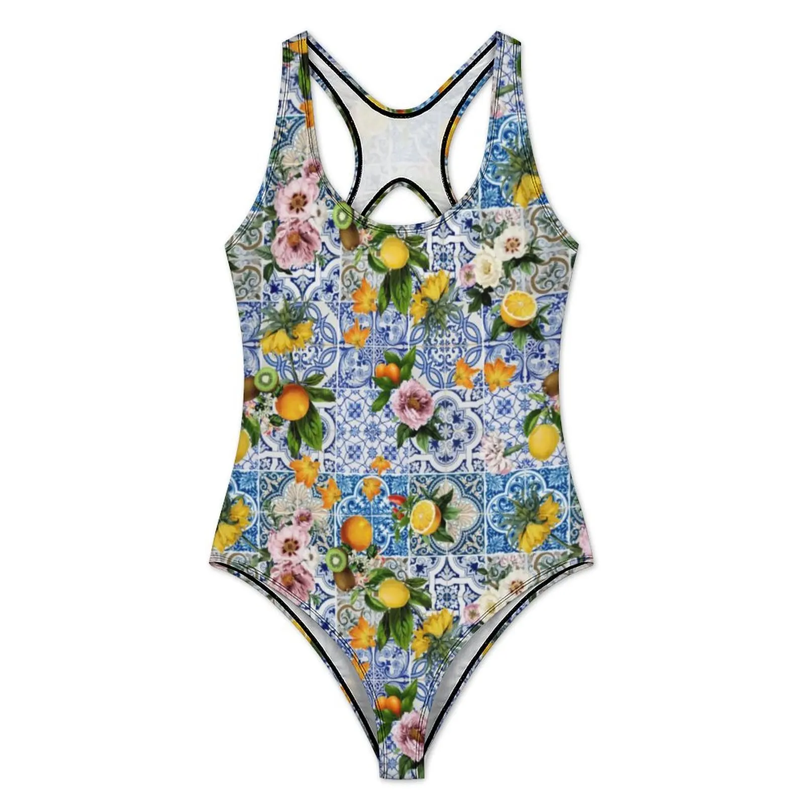 Yellow Lemon Swimsuit Tiles With Flowers One-Piece Swimwear Push Up Trendy Monokini Sexy Sport Design Beachwear