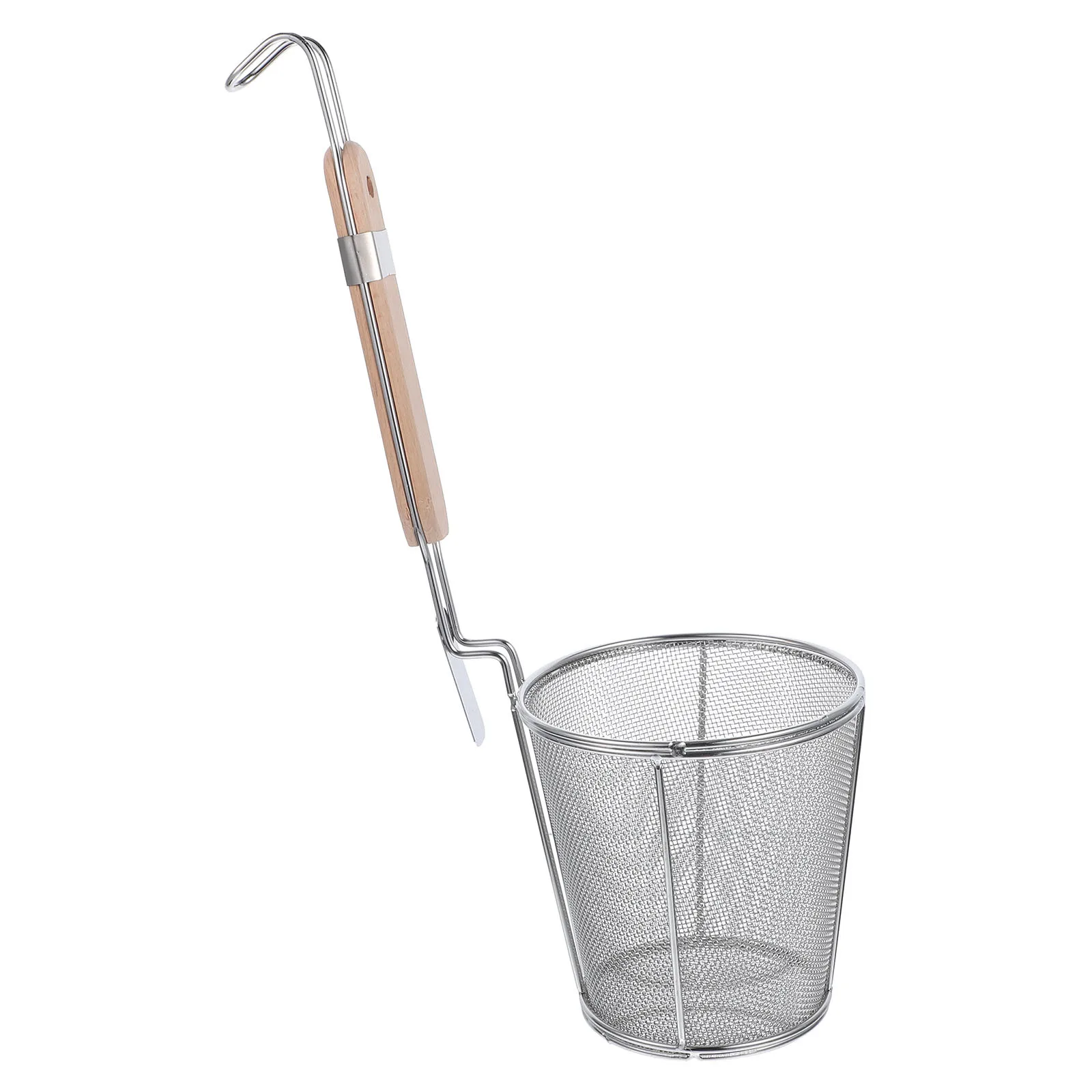 

Stainless Steel Wood Handle Noodle Strainer Basket Scoop For Pasta Ramen Cooking Kitchen Gadget Long Handle With Hook
