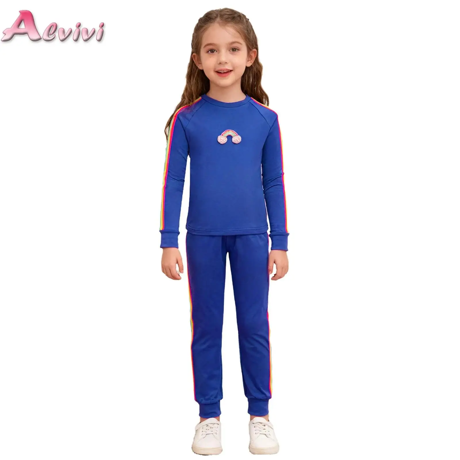 

Spring Autumn Kids Girls Contrasting Stripes Thermal Underwear Set O-Neck Long Sleeve Rainbow Top with Pockets Pants Clothes Set
