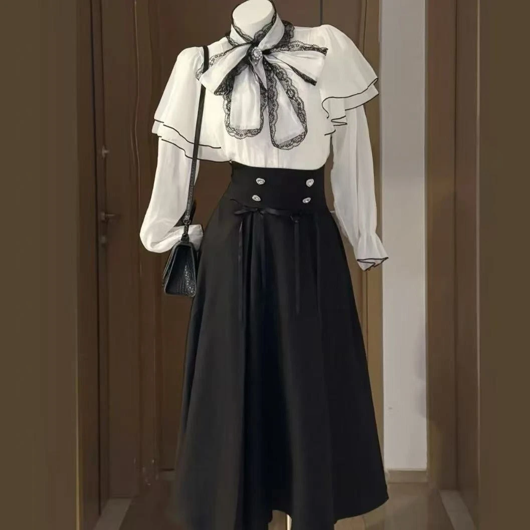 

2026 Women Japanese Kawaii 2-piece Set Thin Skirt Suit Winter Sweet Bow Slim Tops Fashion New Vintage Christmas Short Outfits
