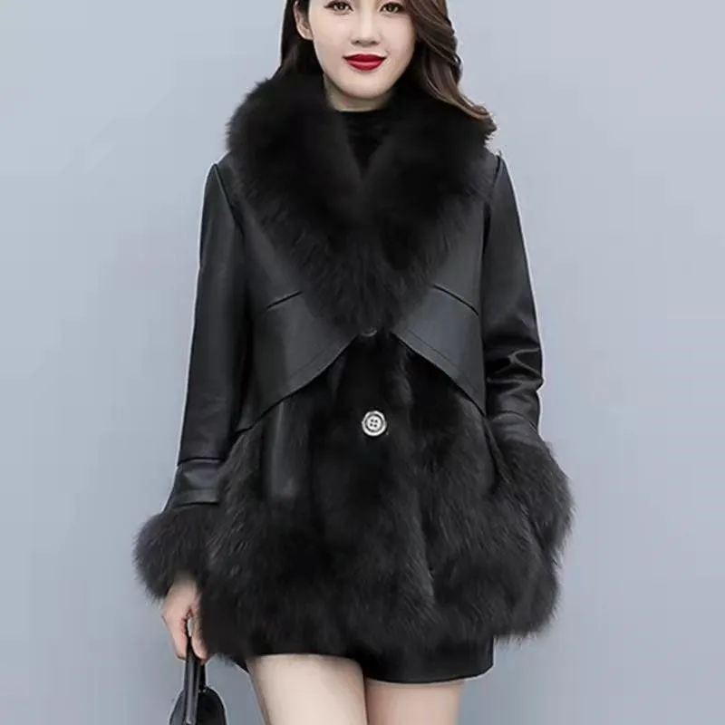 

Mixed fur coat women's mid-length leather