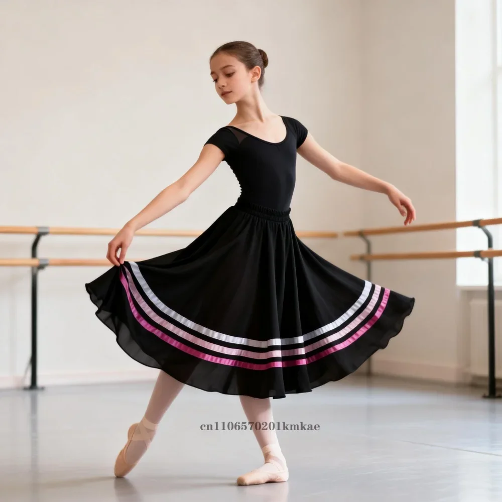 

Spanish Traditional Flamenco Dance Skirts Girls Chiffon Elastic Waist Full Circle Ribbons Skirt Large Swing Performing Skirts
