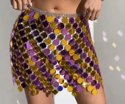 

Women Sequin Chain Metal Skirts and Tops Carnival Backless Metallic Hollow Adjustable Nightclub Party Mini Skirt Costume