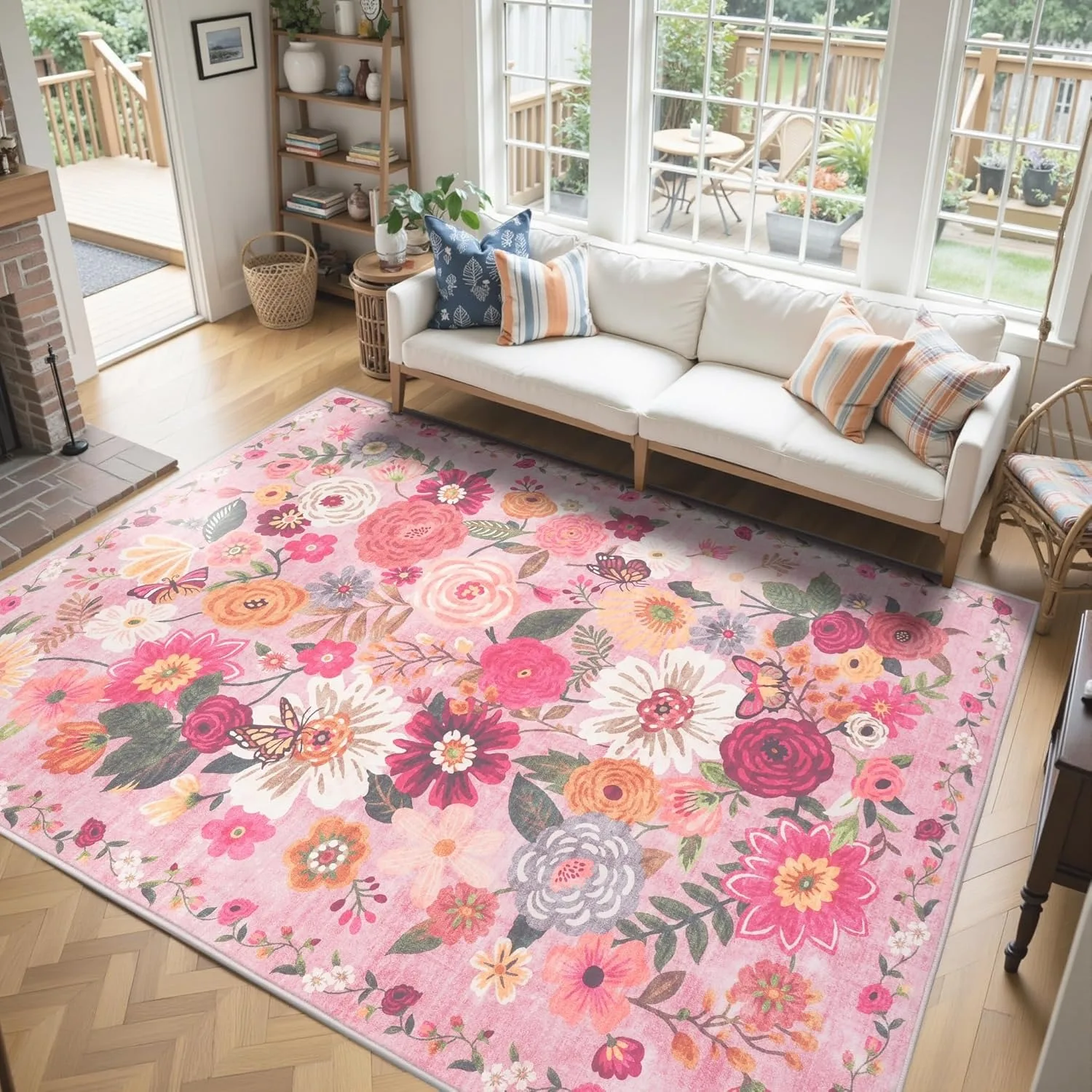 

Pink Living Room Carpet Machine Washable Non-slip Wear-resistant Bedroom Rug Floral Print Cloakroom Plush Mats 러그 Ковер Alfombra