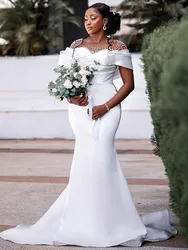 Elegant White Mermaid Wedding Dresses for Bride Sheer O-neck Pearls Satin Africa Garden Beach Bridal Gowns Vestido De Novia