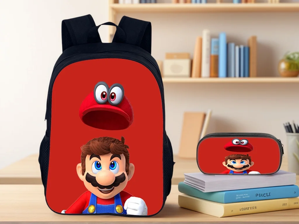 

Student Super Mario Canvas Backpack with Pencil Box Set,Cartoon School Bag Graphic Knapsack for Boy,Girl