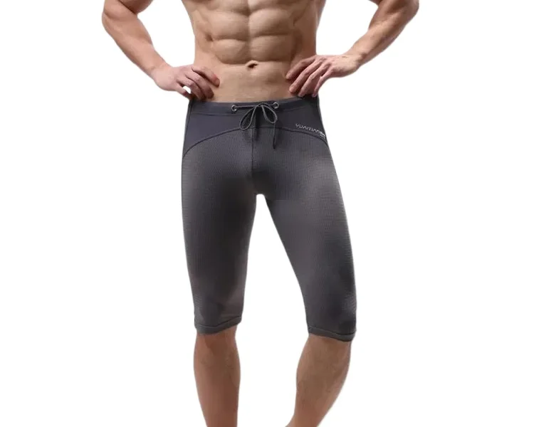 Nylon Mesh Knee-Length Sports Pants for Men Legging Boxer Shorts Strap Tie Lace Up Sports Slim Fitness Mesh Hole Cycling Clothes