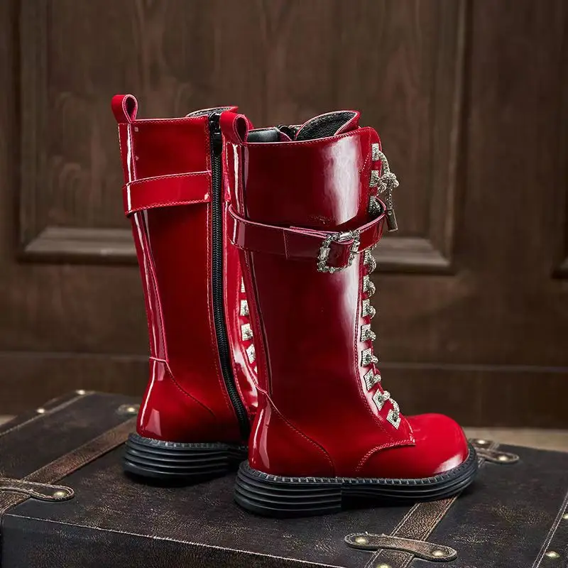 2023 Autumn/Winter New Girls' High Barrel Boots Fashionable Diamond Shoe Buckles Trendy Leather Boots Children's Show Long Boots