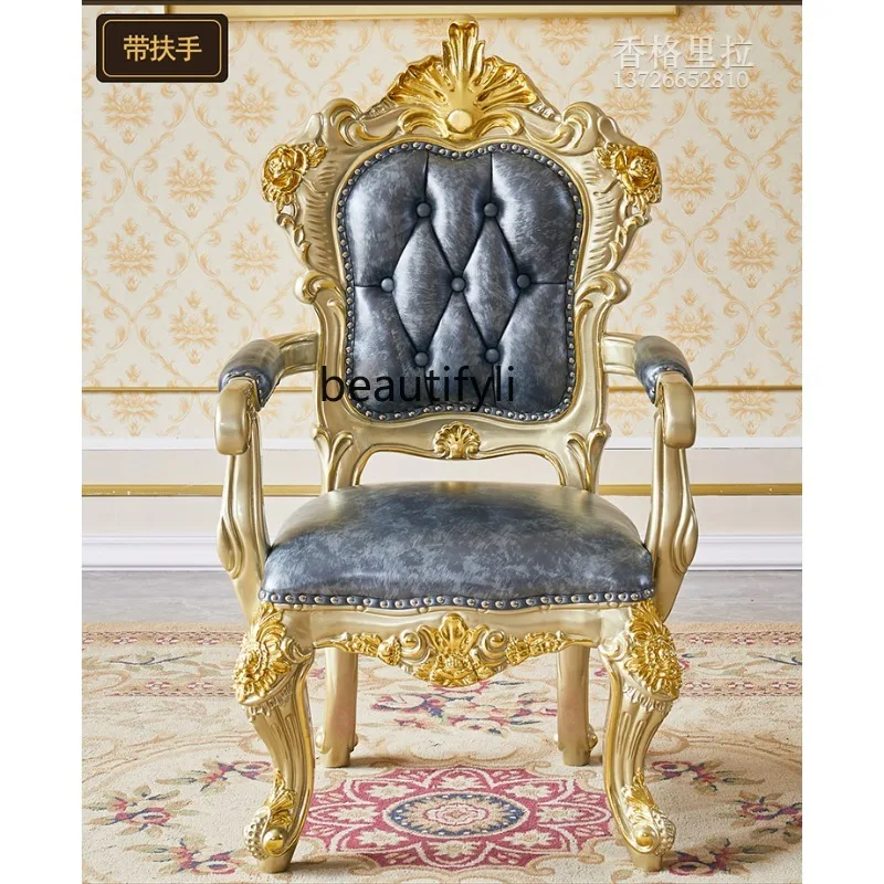 

European style thickened leather dining chair luxury solid wood leather home armrest chair back chair