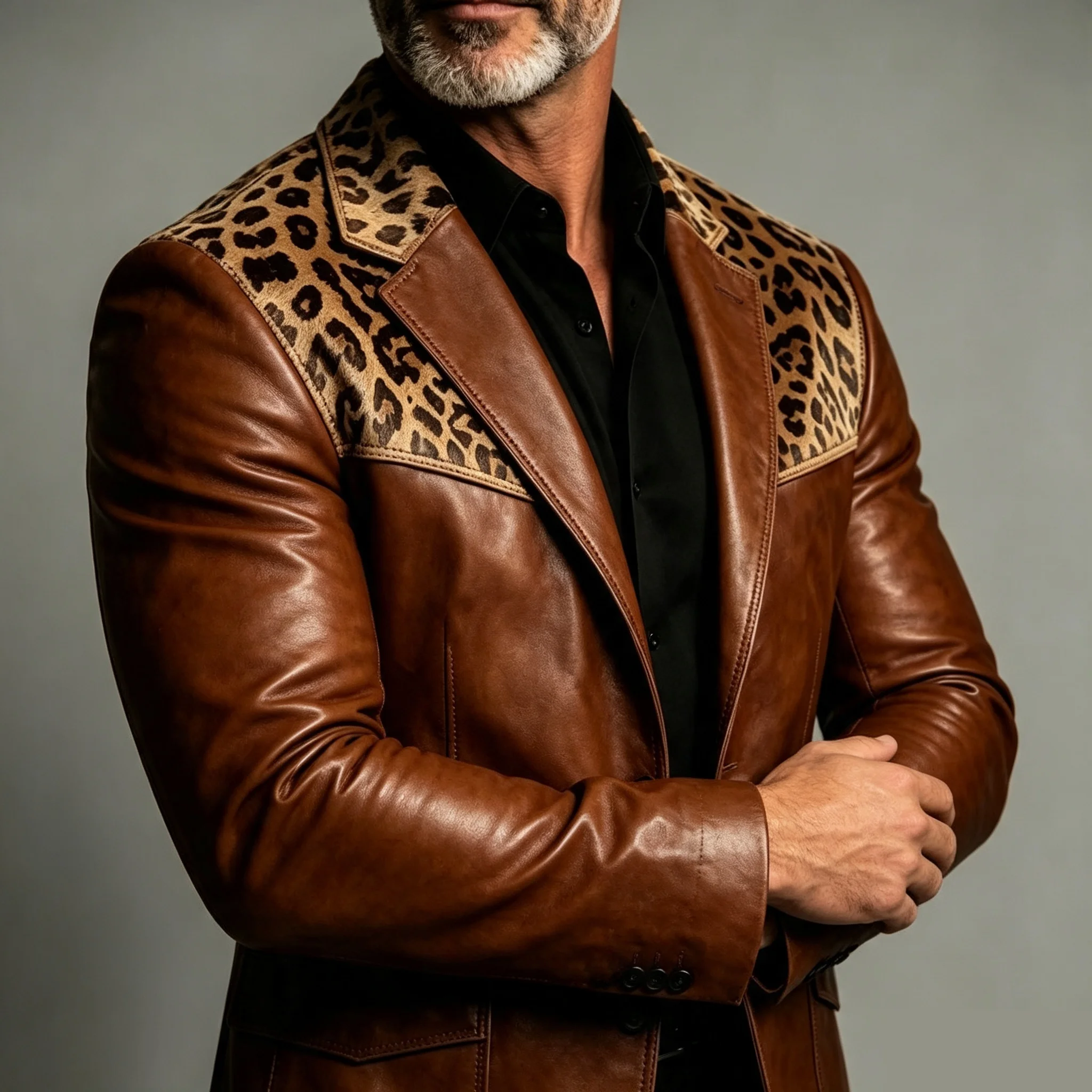 Men's Leather Blazer Faux Vintage Shoulder Leopard Print Patch Quality Suit Jacket Fit Business Wedding Coat Luxury Outerwear