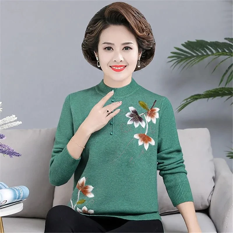 Autumn Winter Velvet Sweater Women Pullover New Embroidered Half High Neck Long Sleeve Knitted Sweater Middle aged Female Tops