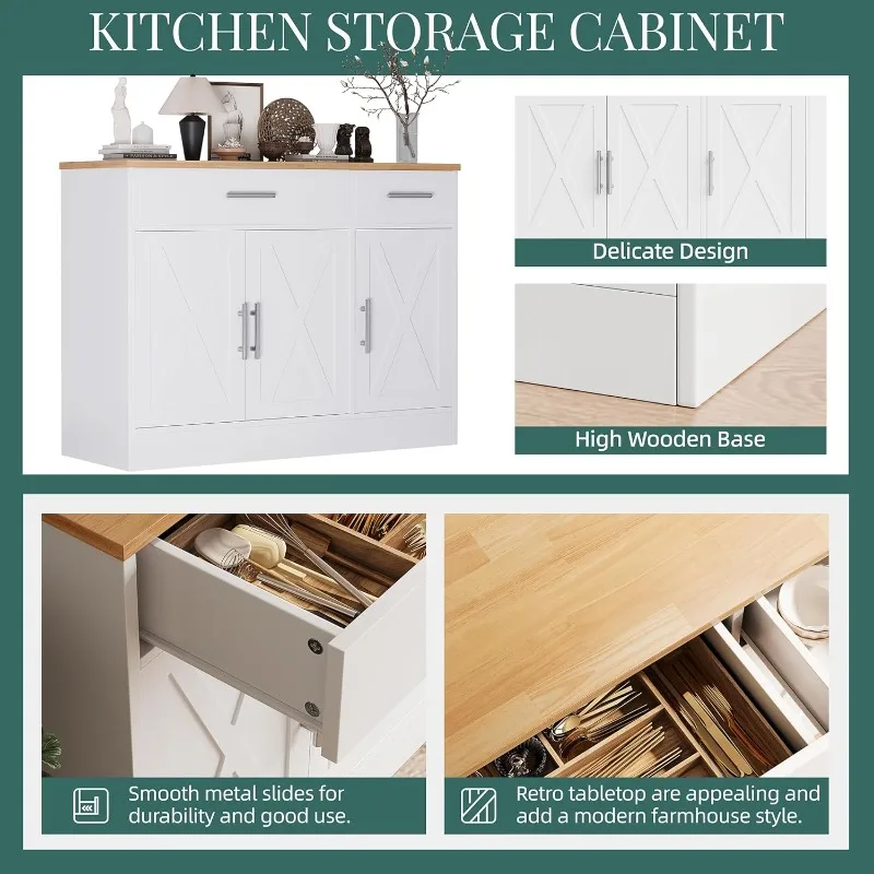 Nowoczesny kredens w stylu farmhouse z 2025 roku, szafka bufetowa z miejscem do przechowywania, z 3 drzwiami, szafka bufetowa z drzwiami w stylu barn door, 42 cale, z miejscem do przechowywania.