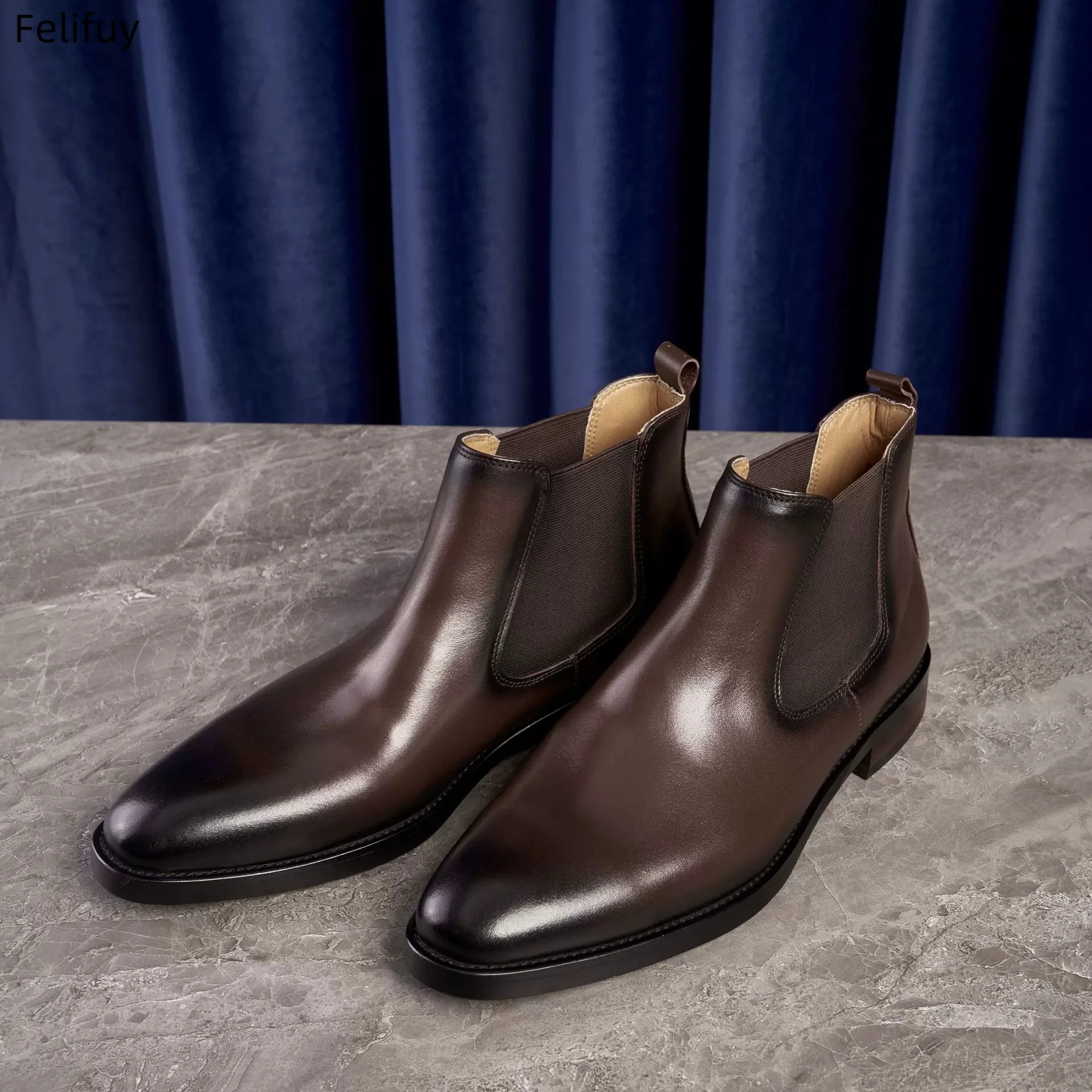 

British and Korean style trendy men's casual high-top real leather shoes brown riding boots Chelsea pointed business ankle boots