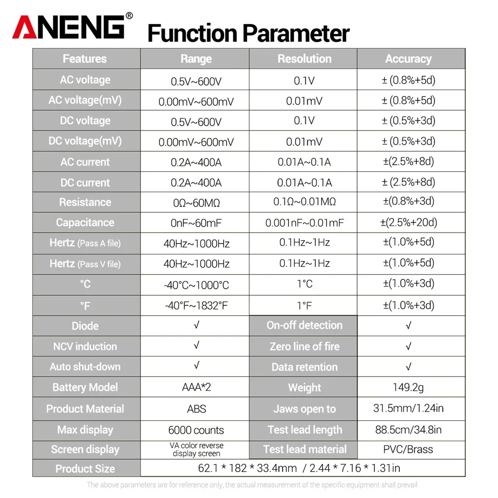 ANENG ST212 DC/AC-stroom digitale stroomtang 6000 tellingen 400A Amp multimeter Groot kleurenscherm Spanningstester Auto Hz NCV Ohm