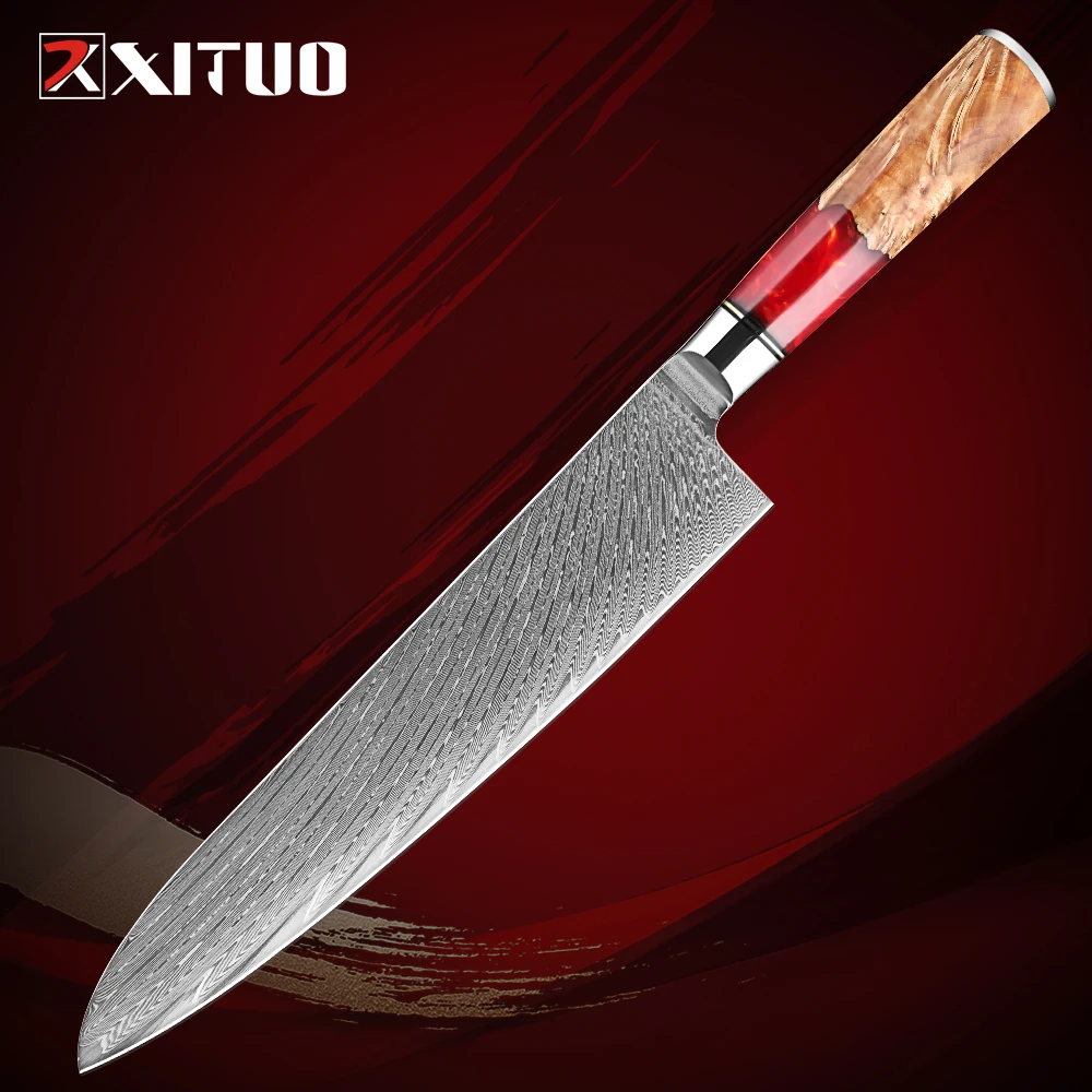 9 Inch Damascus Chef Knife Pro Sharp Kitchen Knife with Red resin & wood handle Damascus Cooking Knife Japanese VG10 Steel