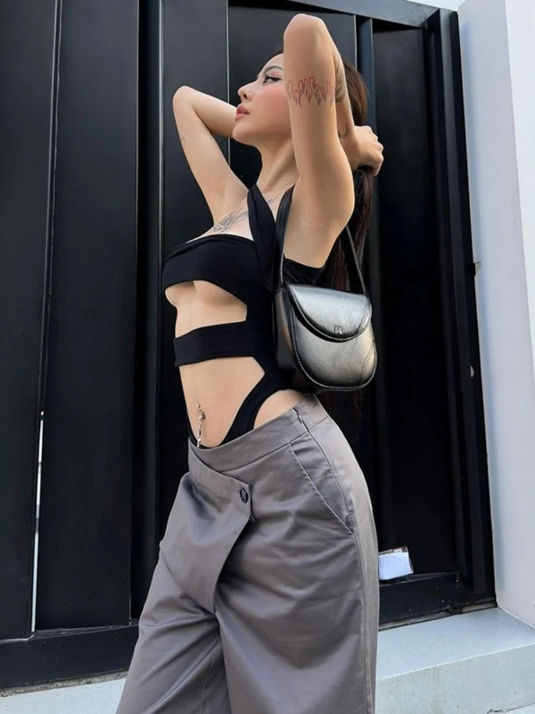 الصلبة الأسود ارتداءها الملابس الداخلية مثير قمم للنساء نادي الزي يميل طوق الجسم Feminino قطعة واحدة الجوف خارج Y2k الملابس #6