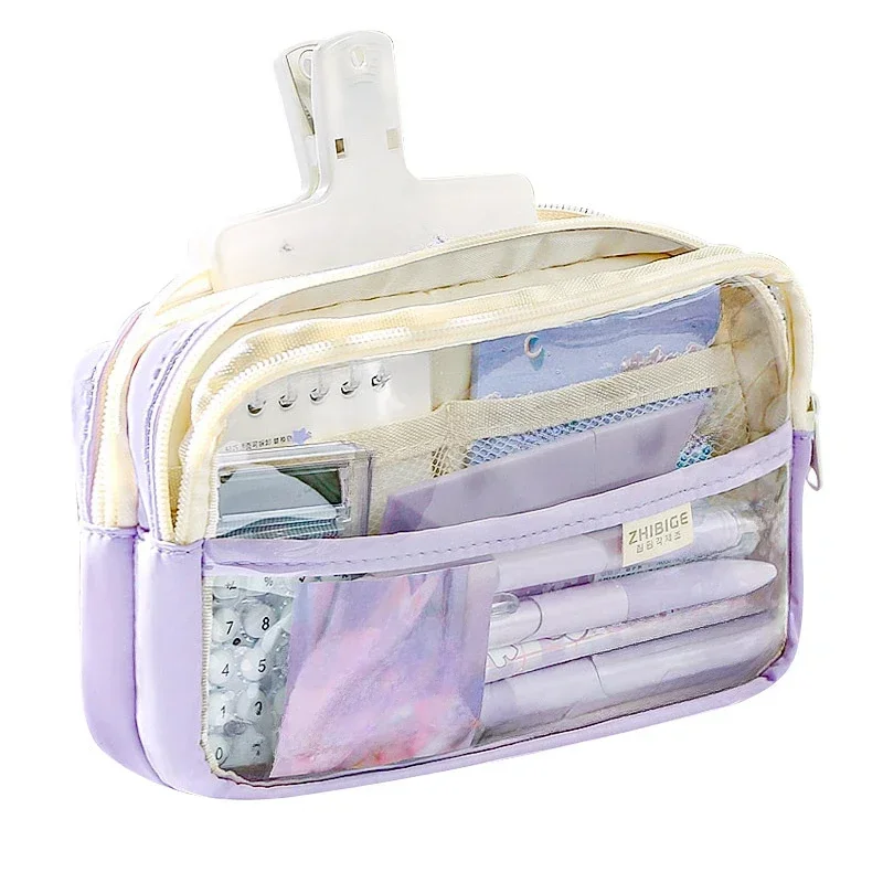 Imagem -05 - Grande Capacidade Transparente Pencil Bolsa Candy Color Pen Case Zipper Pouch Grande Titular Papelaria Material Escolar Roxo