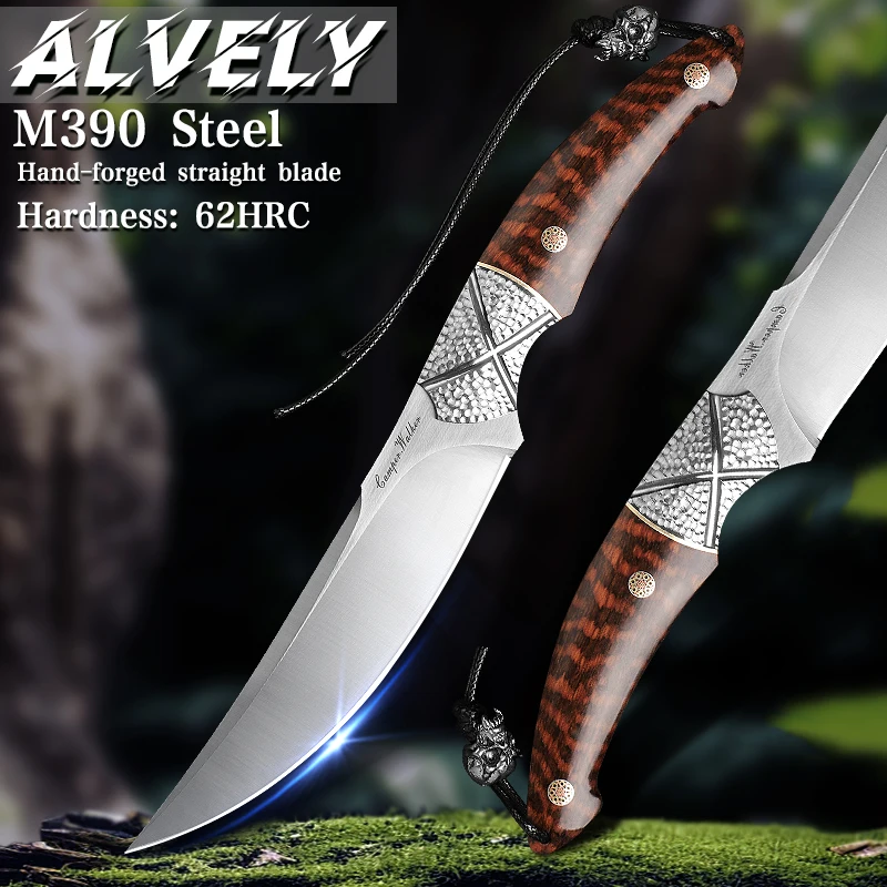 High-quality M390 powdered steel full-Tang straight-blade knife, paired with a handmade leather sheath—ideal as a portable EDC utility knife for outdoor activities, camping, and hiking.
