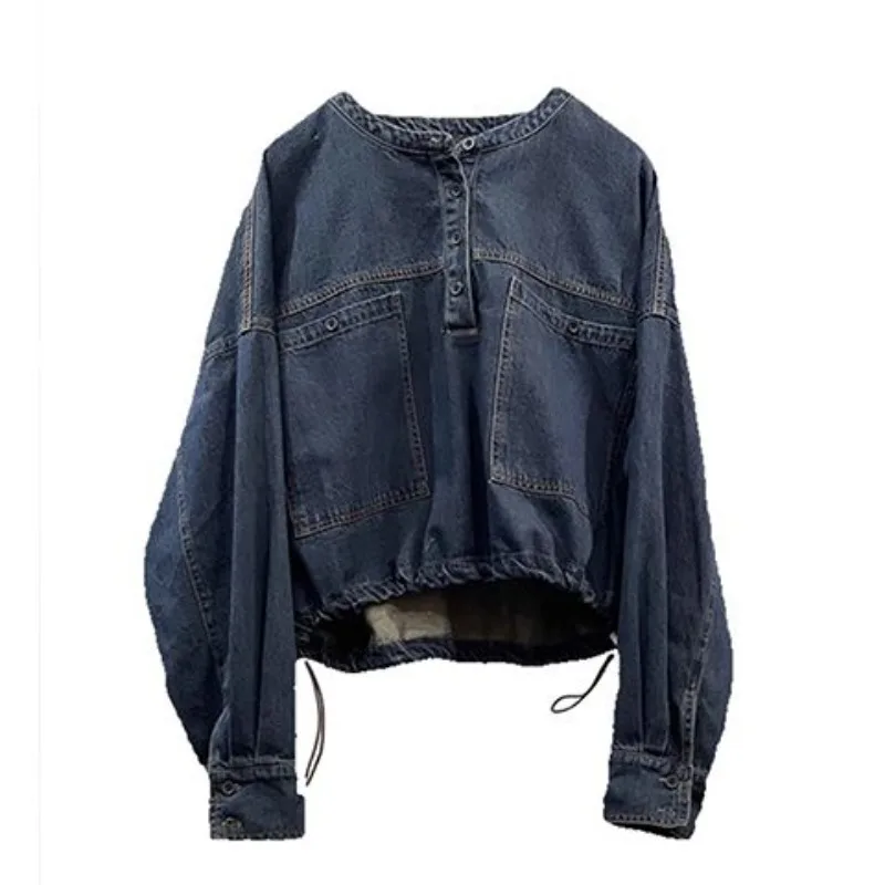 Women's Spring Autumn Tops Coat Denim Round Neck Shirt Long Sleeve Vintage Casual Designed Advanced Soft Niche Versatile Skinny