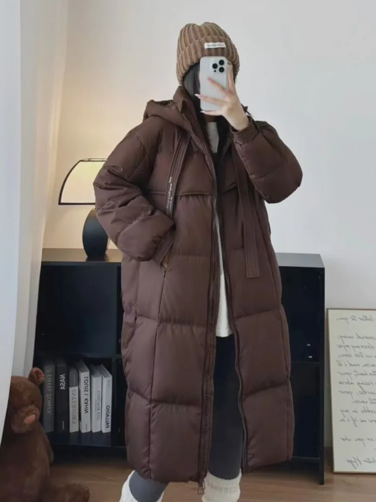 Women Winter Thicken Hooded Down Long Coat Casual Long Sleeve Warm Zipper Pocket Coats New Korean Fashion Female Parka Overcoat