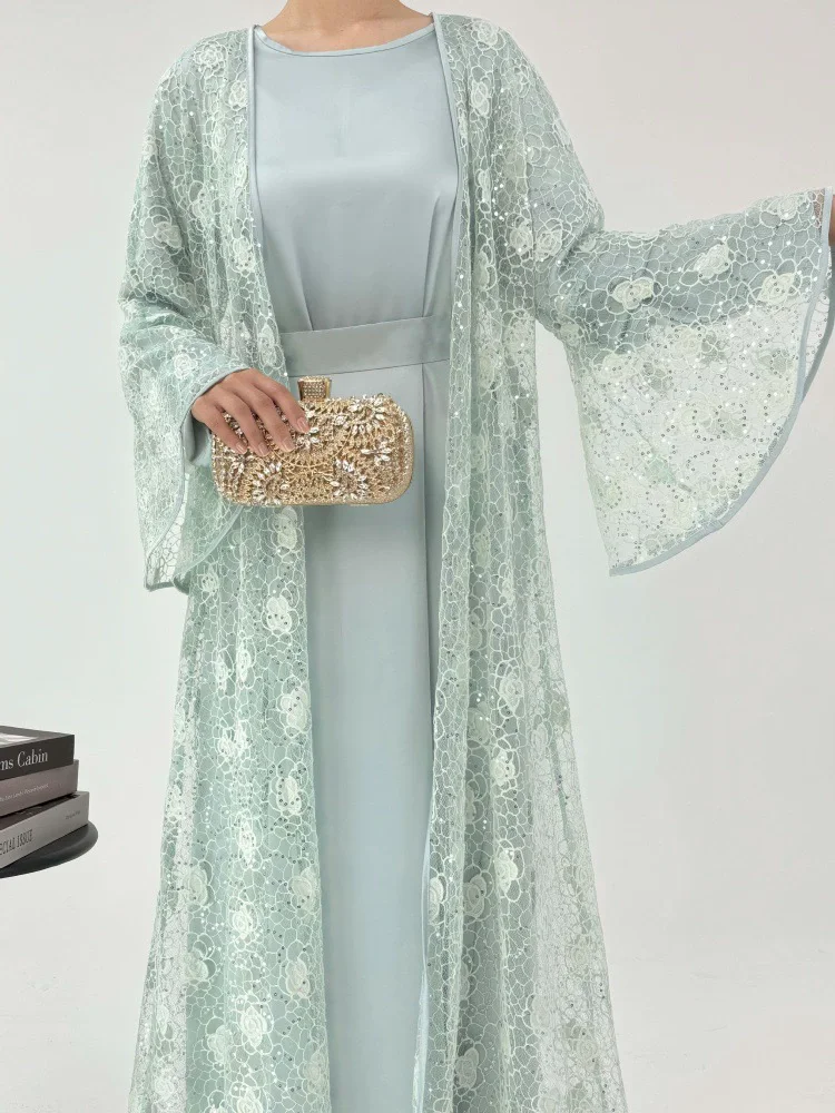 

Ближний Восток Рамадан Мусульманская мода Халат Кружевная внешняя юбка Свободный комплект из двух предметов Длинная юбка Повседневный универсальный комплект Платье