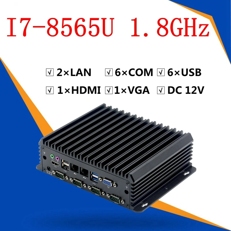 Fanless kotak komputer industri Pc Mini Intel i3-8145U i5-8265u i7-8565u Gigabit Ethernet 6 USB 6 COM Windows 10 LINUX