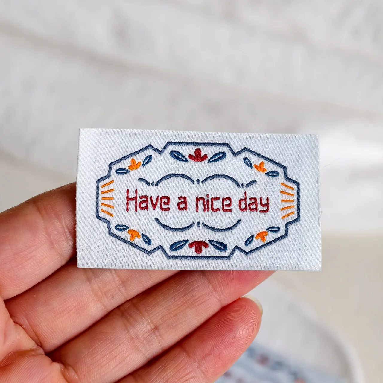 Embroidered Clothing Labels, Handmade Woven labels, Light blue Sew-On Fabric Tags with Floessoriesral Pattern for DIY Crafts