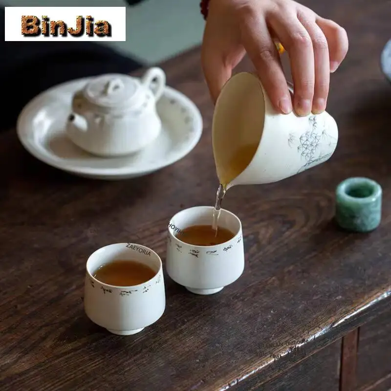 65ml Powder Yin Handwritten Poetry Prose Teacup High Foot Tea Bowl Water Jug Tea-tasting Smelling Cup Chazhan Master Cup