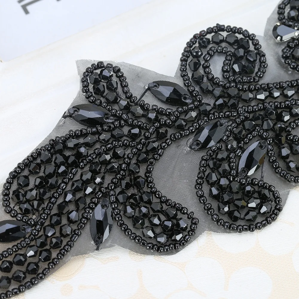 FZD 1 PC Black Crystal Rhinestone Applique Welding Flower Patch Sew on Wedding Dress Sleeves Accessories Rhinestone Applique DIY