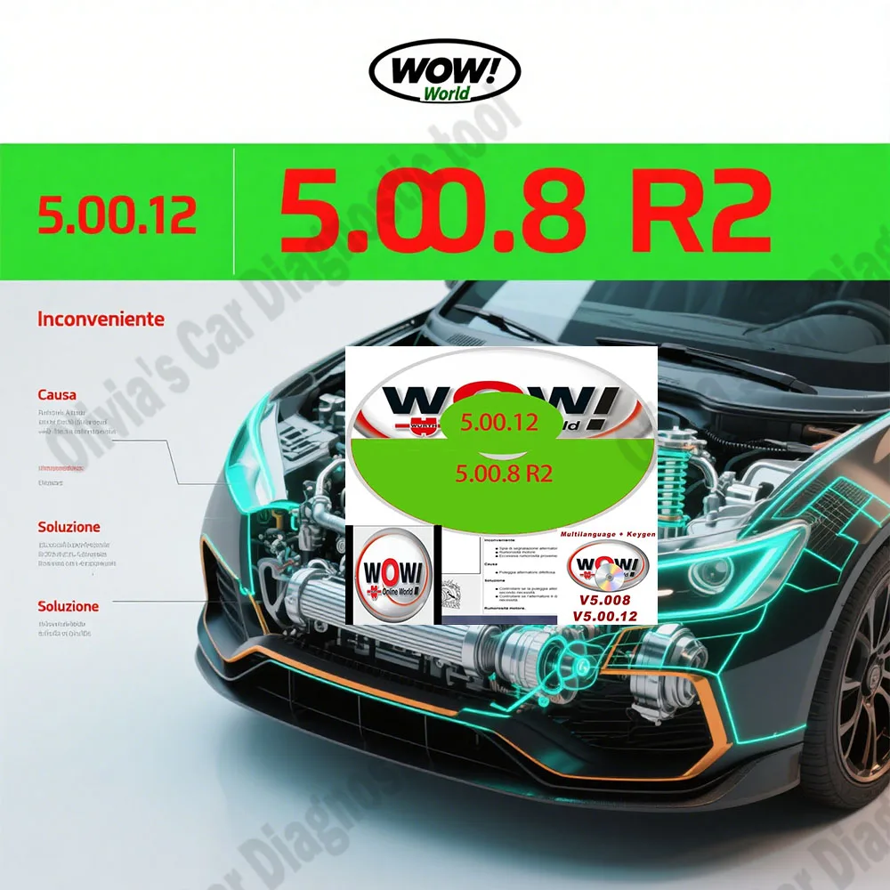 WOW V5.00.12 Autoaccessoires + WOW 5.00.8 R2 OBD2-scannersoftware met Kengen Clear foutcodes Meertalige resetfunctie