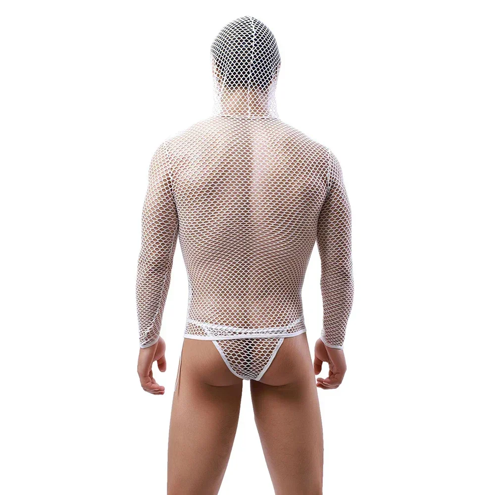 Sexy Men Undershirts Fishnet Mesh See Through Long Sleeve Hooded T-shirts Briefs Panties Underwear Mesh Sheer Men\'s Clothes Set