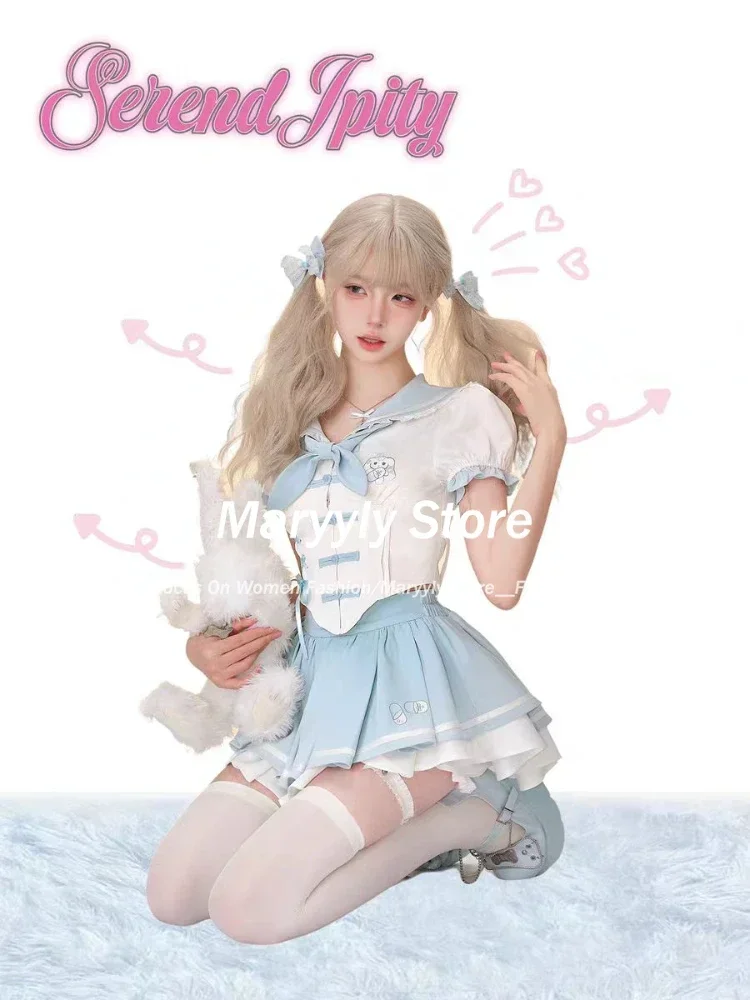 2024 Sweet Preppy Style 2 Piece Set Women Kawaii Bow Y2k Crop Shirt Tops + Cute Pleated Mini Skirt Japanese Fashion Skirt Suit