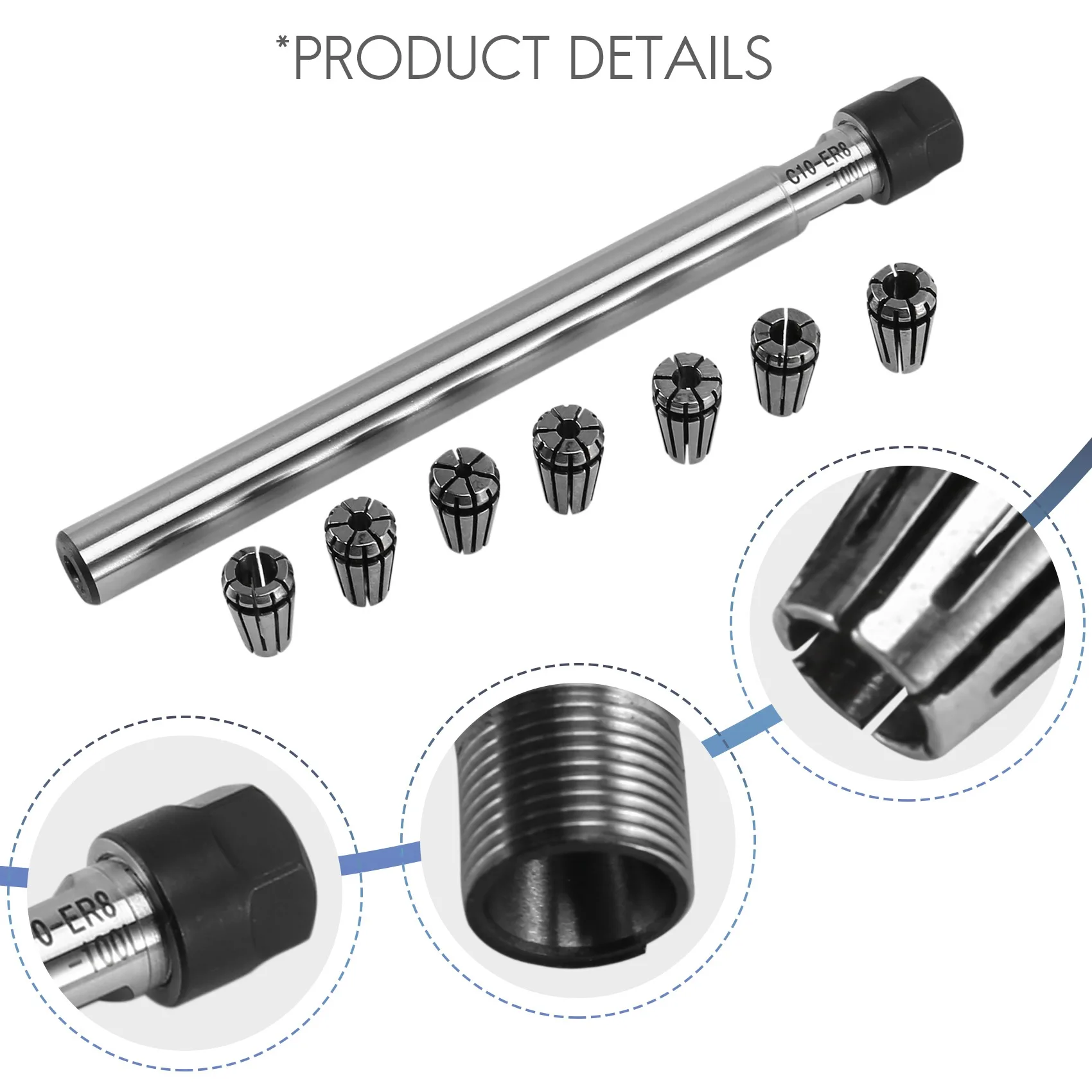 ~Latest Model C10 Er8a 100L Collet Chuck Holder + 7Pcs Precision Er8 Spring Collet Set