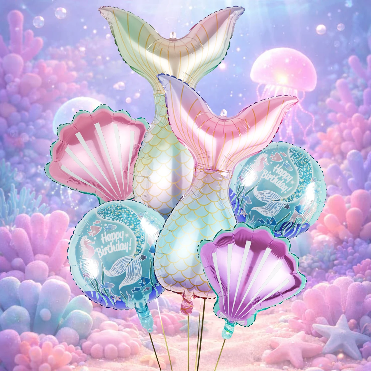 6pcs mermaid tail birthday balloon set, perfect for birthday party decorations, mermaid-themed party view 3